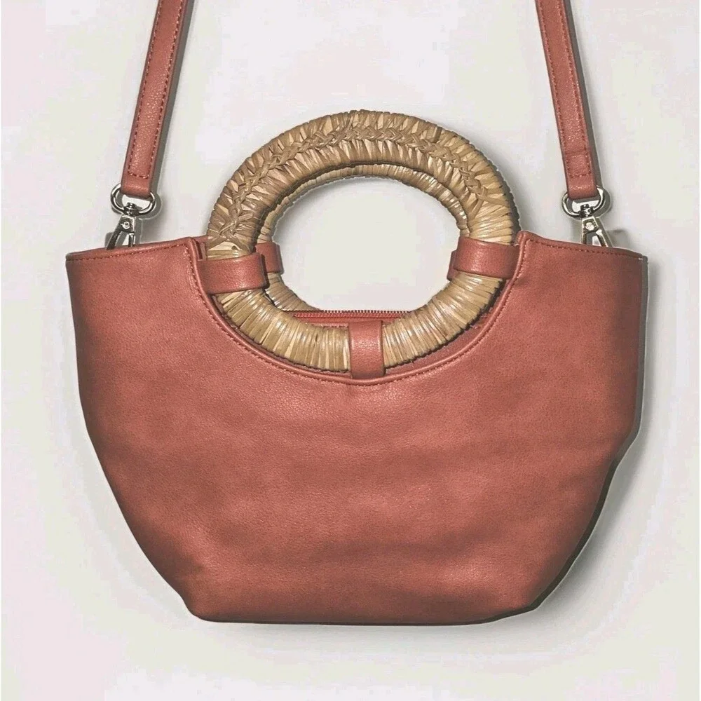 Anthropologie Coral W/Rattan Handles & Crossbody Strap Handbag + Removable Pouch